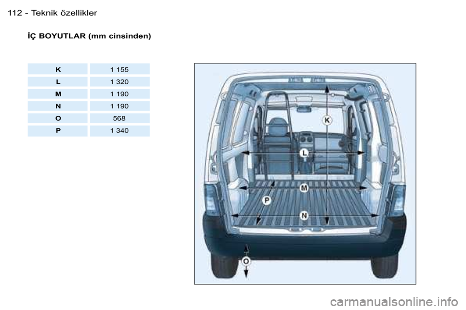 Peugeot Partner VU 2007  Kullanım Kılavuzu (in Turkish) �T�e�k�n�i�k� �ö�z�e�l�l�i�k�l�e�r�1�1�2 �-
�İ�Ç� �B�O�Y�U�T�L�A�R� �(�m�m� �c�i�n�s�i�n�d�e�n�)
�K�1� �1�5�5
�L �1� �3�2�0
�M �1� �1�9�0
�N �1� �1�9�0
�O �5�6�8� 
�P �1� �3�4�0  