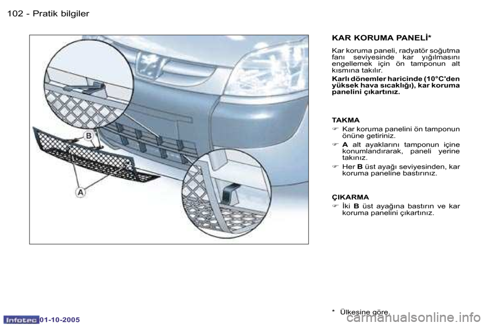 Peugeot Partner VU 2005.5  Kullanım Kılavuzu (in Turkish) �P�r�a�t�i�k� �b�i�l�g�i�l�e�r�1�0�2 �-
�0�1�-�1�0�-�2�0�0�5
�1�0�3�P�r�a�t�i�k� �b�i�l�g�i�l�e�r�-
�0�1�-�1�0�-�2�0�0�5
�K�A�R� �K�O�R�U�M�A� �P�A�N�E�L�İ�*
�K�a�r� �k�o�r�u�m�a� �p�a�n�e�l�i�,� �r�