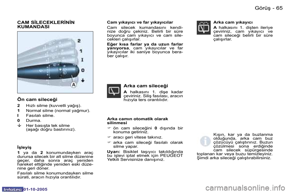 Peugeot Partner VU 2005.5  Kullanım Kılavuzu (in Turkish) �6�4 �-�G�ö�r�ü�ş
�0�1�-�1�0�-�2�0�0�5
�6�5
�-�G�ö�r�ü�ş
�0�1�-�1�0�-�2�0�0�5
�Ö�n� �c�a�m� �s�i�l�e�c�e�ğ�i
�2 �  �H�ı�z�l�ı� �s�i�l�m�e� �(�k�u�v�v�e�t�l�i� �y�a�ğ�ı�ş�)�.
�1 �  �N�o�r�