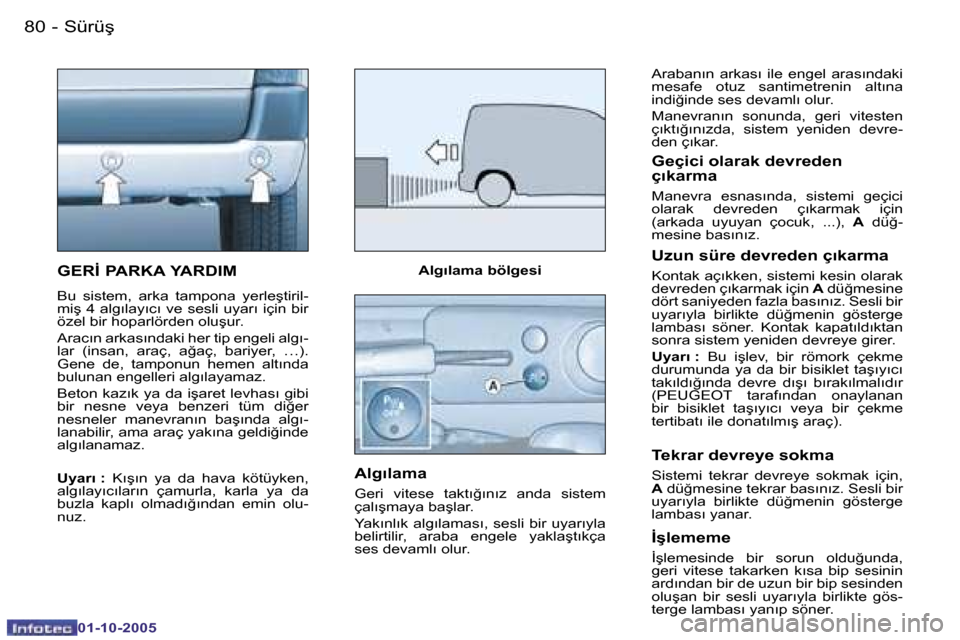 Peugeot Partner VU 2005.5  Kullanım Kılavuzu (in Turkish) �8�0 �-�S�ü�r�ü�ş
�0�1�-�1�0�-�2�0�0�5
�8�1
�-�S�ü�r�ü�ş
�0�1�-�1�0�-�2�0�0�5
�G�E�R�İ� �P�A�R�K�A� �Y�A�R�D�I�M
�B�u�  �s�i�s�t�e�m�,�  �a�r�k�a�  �t�a�m�p�o�n�a�  �y�e�r�l�e�ş�t�i�r�i�l�- 
�