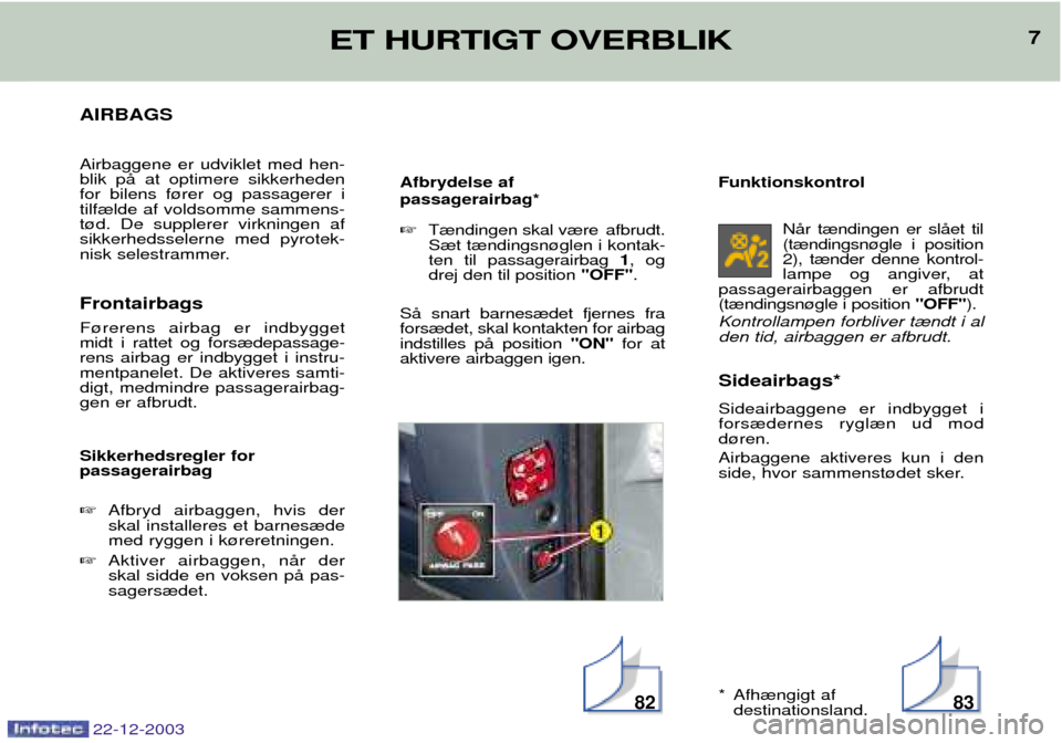 Peugeot Partner VU 2004 Instruktionsbog (in Danish) 7ET HURTIGT OVERBLIK
22-12-2003
AIRBAGS
Airbaggene er udviklet med hen- blik pŒ at optimere sikkerhedenfor bilens f¿rer og passagerer itilf¾lde af voldsomme sammens-t¿d. De supplerer virkningen a Peugeot Partner VU 2004 Instruktionsbog (in Danish) 7ET HURTIGT OVERBLIK
22-12-2003
AIRBAGS
Airbaggene er udviklet med hen- blik pŒ at optimere sikkerhedenfor bilens f¿rer og passagerer itilf¾lde af voldsomme sammens-t¿d. De supplerer virkningen a