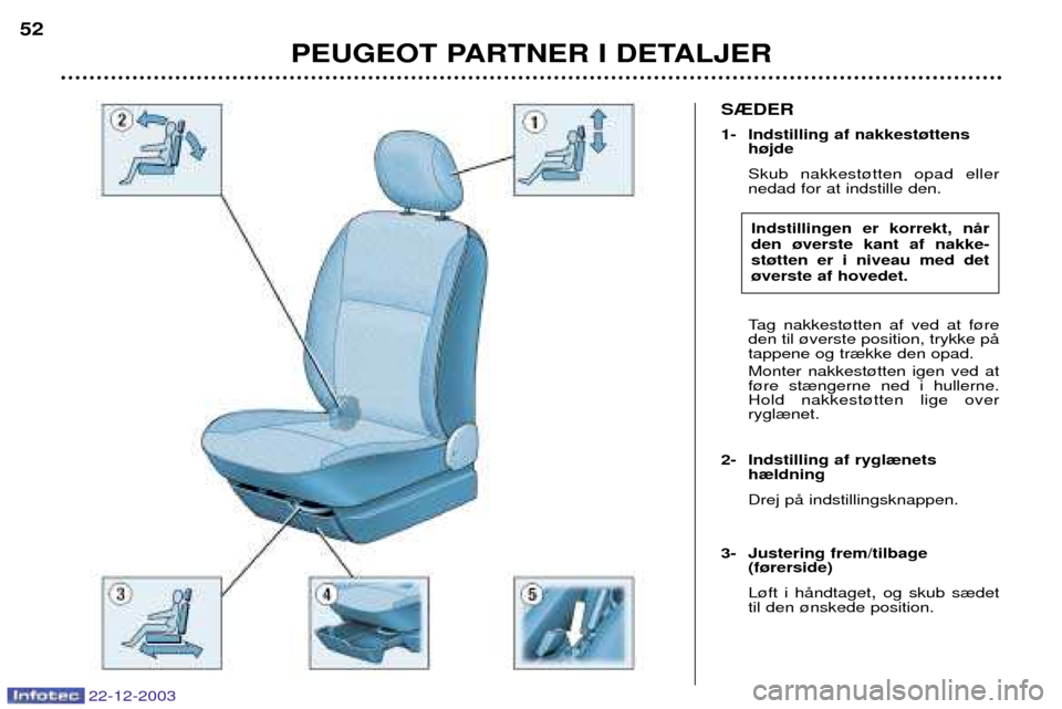 Peugeot Partner VU 2004  Instruktionsbog (in Danish) PEUGEOT PARTNER I DETALJER
52
22-12-2003
Tag nakkest¿tten af ved at f¿re den til ¿verste position, trykke pŒtappene og tr¾kke den opad. Monter nakkest¿tten igen ved at f¿re st¾ngerne ned i hul
