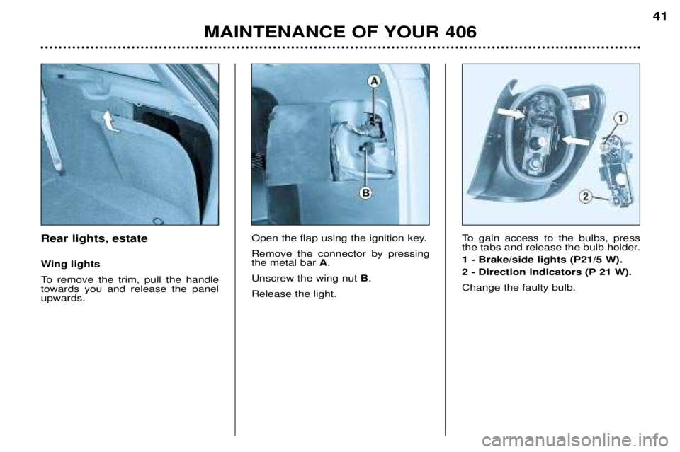 Peugeot 406 2002  Owners Manual Rear lights, estate 
Wing lights 
To remove the trim, pull the handle towards you and release the panelupwards.Open the flap using the ignition key. Remove the connector by pressing the metal bar 
A.
