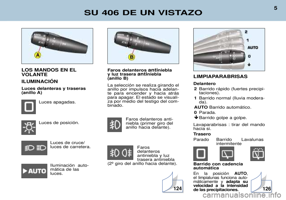 Peugeot 406 2002 Manual del propietario (in Spanish) Faros delanteros antiniebla
y luz trasera antiniebla
(anillo B) La selección se realiza girando el anillo por impulsos hacia adelan-te para encender y hacia atrás
para apagar. El estado se visual Peugeot 406 2002 Manual del propietario (in Spanish) Faros delanteros antiniebla
y luz trasera antiniebla
(anillo B) La selección se realiza girando el anillo por impulsos hacia adelan-te para encender y hacia atrás
para apagar. El estado se visual