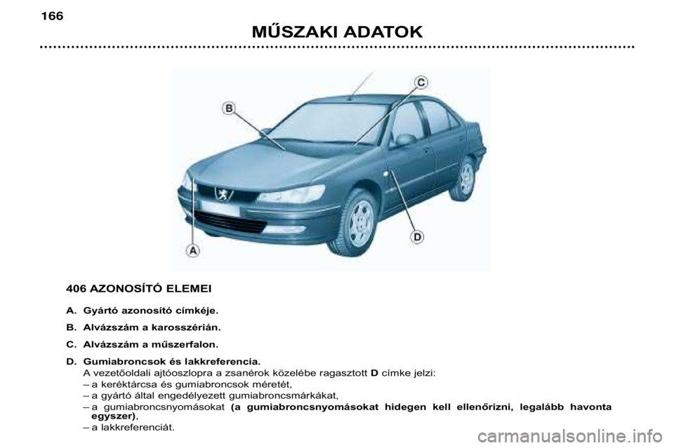Peugeot 406 2002  Kezelési útmutató (in Hungarian) MŰSZAKI ADATOK
166
406 AZONOSÍTÓ ELEMEI 
A. Gyártó azonosító címkéje. 
B. Alvázszám a karosszérián.
C. Alvázszám a műszerfalon.
D. Gumiabroncsok és lakkreferencia.Avezetőoldali ajtó