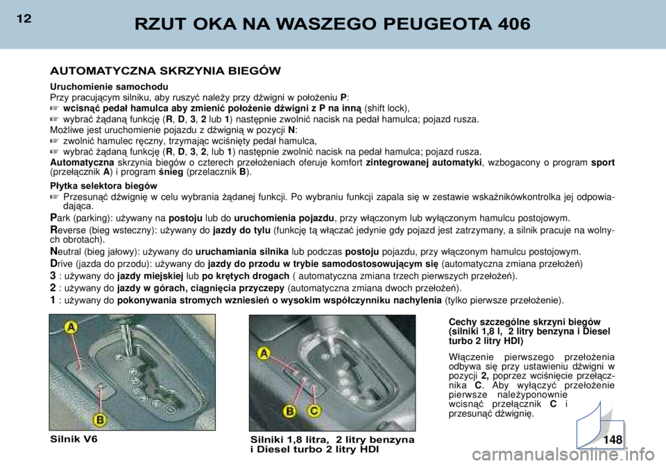 Peugeot 406 2002 Instrukcja Obsługi (in Polish) 12RZUT OKA NA WASZEGO PEUGEOTA 406
AUTOMATYCZNA SKRZYNIA BIEGÓW
Uruchomienie samochodu
Przy pracującym silniku, aby ruszyć należy przy dźwigni w położeniu P:
wcisn ąćpeda łhamulca aby zmi Peugeot 406 2002 Instrukcja Obsługi (in Polish) 12RZUT OKA NA WASZEGO PEUGEOTA 406
AUTOMATYCZNA SKRZYNIA BIEGÓW
Uruchomienie samochodu
Przy pracującym silniku, aby ruszyć należy przy dźwigni w położeniu P:
wcisn ąćpeda łhamulca aby zmi