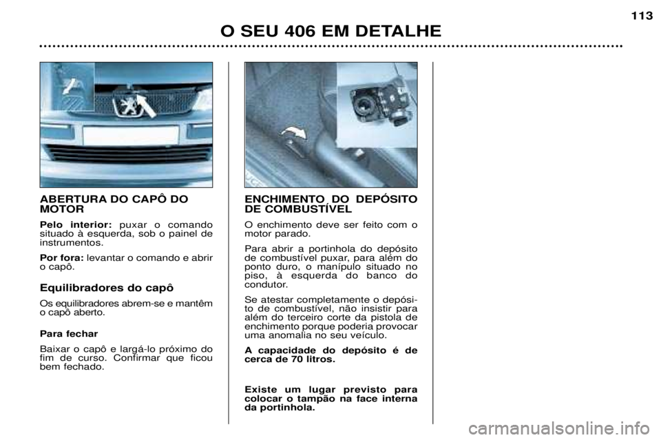 Peugeot 406 2002  Manual do proprietário (in Portuguese) ABERTURA DO CAPÔ DO 
MOTOR Pelo interior:puxar o comando
situado à esquerda, sob o painel de instrumentos. Por fora: levantar o comando e abrir
o capô. Equilibradores do capô Os equilibradores abr
