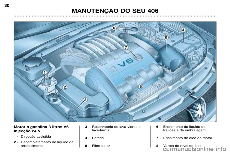 Peugeot 406 2002  Manual do proprietário (in Portuguese) MANUTENÇÃO DO SEU 406
30
Motor a gasolina 3 litros V6 Injecção 24 V 1 - Direcção assistida
2 -  Recompletamento de líquido de arrefecimento 3 - 
Reservatório do lava-vidros e lava-faróis
4 - 