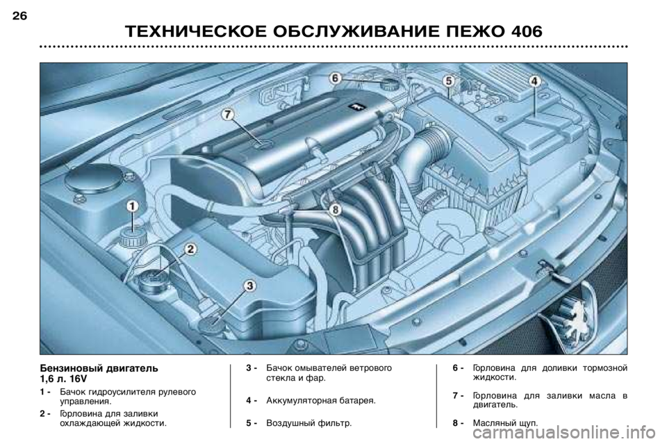 Peugeot 406 2002  Инструкция по эксплуатации (in Russian) Бензиновый двигатель  
1,6 л. 16V 
1 -Бачок гидроусилителя рулевого 
управления. 
2 -  Горловина для заливки
охлажда