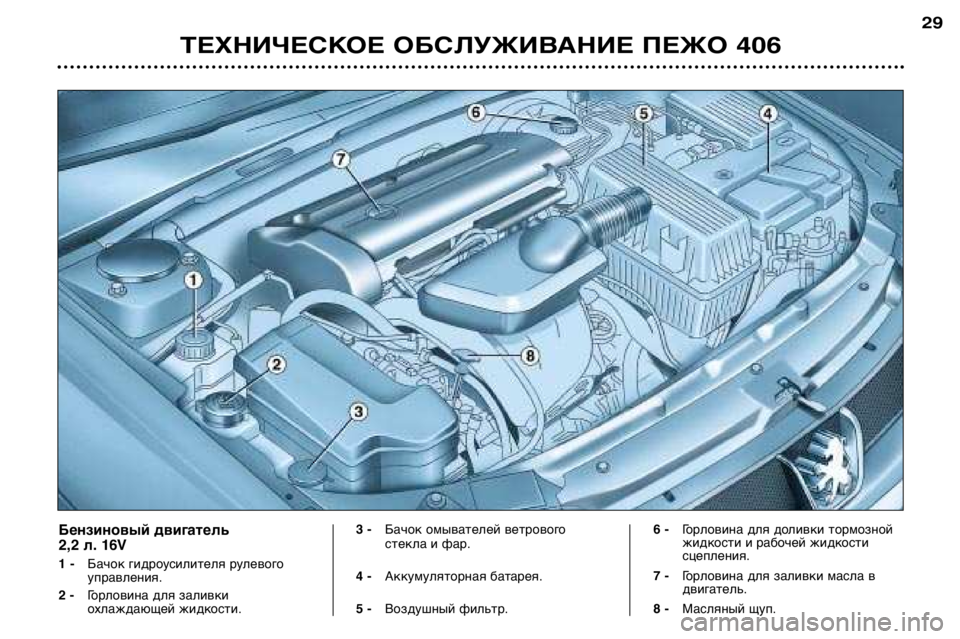 Peugeot 406 2002  Инструкция по эксплуатации (in Russian) ТЕХНИЧЕСКОЕ ОБСЛУЖИВАНИЕ ПЕЖО 406
29
Бензиновый двигатель  
2,2 л. 16V 1-Бачок гидроусилителя рулевого 
управления. 