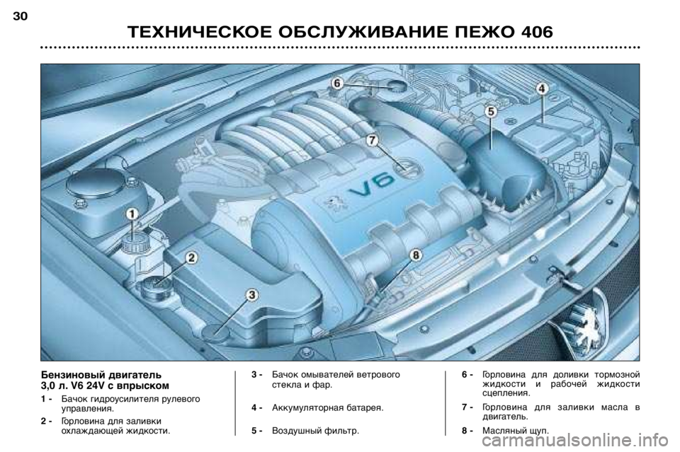 Peugeot 406 2002  Инструкция по эксплуатации (in Russian) ТЕХНИЧЕСКОЕ ОБСЛУЖИВАНИЕ ПЕЖО 406
30
Бензиновый двигатель  
3,0 л. V6 24V с впрыском 
1 - Бачок гидроусилителя рулевог