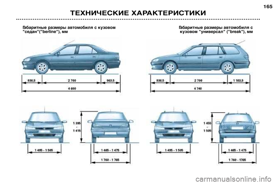 Peugeot 406 2002  Инструкция по эксплуатации (in Russian) ТЕХНИЧЕСКИЕ ХАРАКТЕРИСТИКИ
165
Габаритные размеры автомобиля с кузовом
"седан"("berline"), мм Г
абаритные 