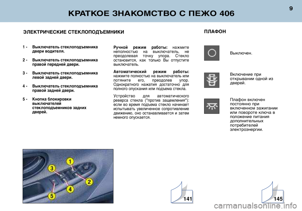 Peugeot 406 2002 Инструкция по эксплуатации (in Russian) КРАТКОЕ ЗНАКОМСТВО С ПЕЖО 406
9
ПЛАФОНВыключен.
Включение при
открывании одной издверей.
Плафон включен
пост Peugeot 406 2002 Инструкция по эксплуатации (in Russian) КРАТКОЕ ЗНАКОМСТВО С ПЕЖО 406
9
ПЛАФОНВыключен.
Включение при
открывании одной издверей.
Плафон включен
пост