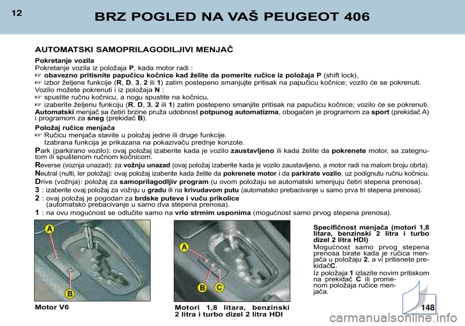 Peugeot 406 2002 Упутство за употребу (in Serbian) 12BRZ POGLED NA VAŠ PEUGEOT 406
AUTOMATSKI SAMOPRILAGODILJIVI MENJAČ
Pokretanje vozila
Pokretanje vozila iz položaja P, kada motor radi :
obavezno pritisnite papučicu kočnice kad želite da po Peugeot 406 2002 Упутство за употребу (in Serbian) 12BRZ POGLED NA VAŠ PEUGEOT 406
AUTOMATSKI SAMOPRILAGODILJIVI MENJAČ
Pokretanje vozila
Pokretanje vozila iz položaja P, kada motor radi :
obavezno pritisnite papučicu kočnice kad želite da po
