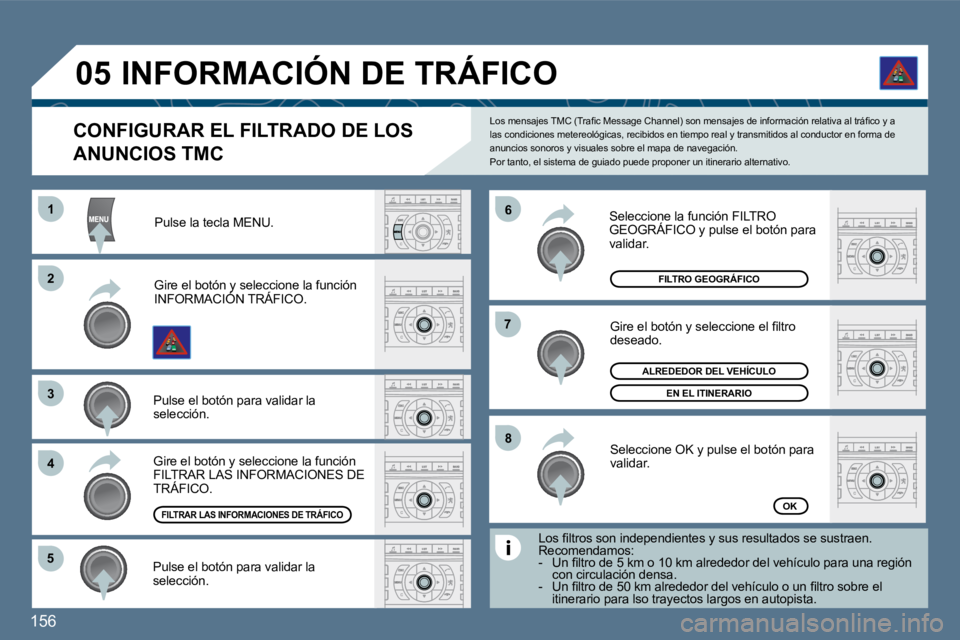 Peugeot 407 2010  Manual del propietario (in Spanish) 156 
�5�5
�6�6
�7�7
�8�8
11
�2�2
�3�3
�4�4
�0�5
        CONFIGURAR EL FILTRADO DE LOS 
ANUNCIOS TMC 
� �L�o�s� �m�e�n�s�a�j�e�s� �T�M�C� �(�T�r�a�ﬁ� �c� �M�e�s�s�a�g�e� �C�h�a�n�n�e�l�)� �s�o�n� �m�