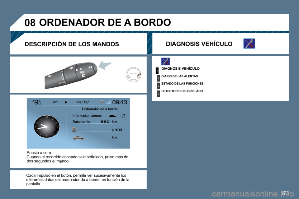 Peugeot 407 2010  Manual del propietario (in Spanish) 173
1
2
2
2
�0�8
 DIAGNOSIS VEHÍCULO 
  DIARIO DE LAS ALERTAS  
  ESTADO DE LAS FUNCIONES  
  DETECTOR DE SUBINFLADO  
 ORDENADOR DE A BORDO 
  DIAGNOSIS VEHÍCULO  
  Cada impulso en el botón, perm