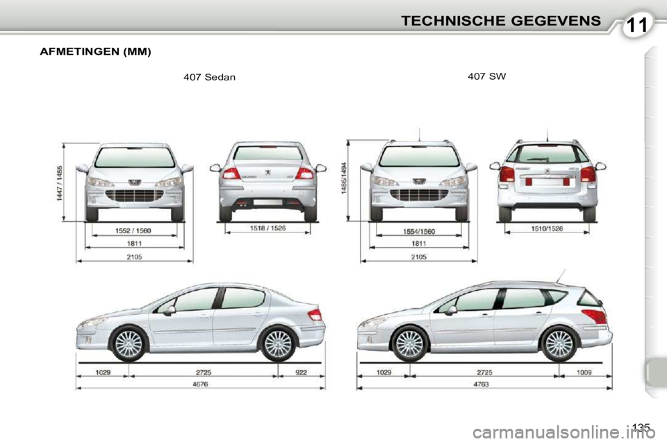 Peugeot 407 2010  Handleiding (in Dutch) 1111TECHNISCHE GEGEVENS
135
 AFMETINGEN (MM) 
 407 Sedan  407 SW      