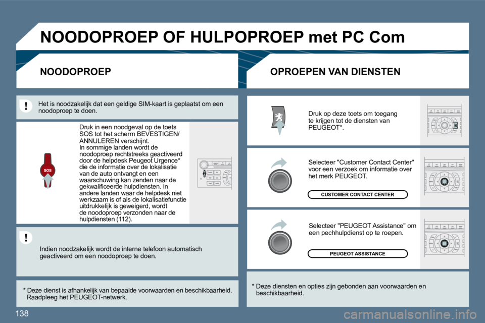 Peugeot 407 2010  Handleiding (in Dutch) 138 
 PEUGEOT ASSISTANCE 
 CUSTOMER CONTACT CENTER 
  *    Deze diensten en opties zijn gebonden aan voorwaarden en beschikbaarheid.  
       OPROEPEN VAN DIENSTEN         NOODOPROEP 
 Druk op deze to
