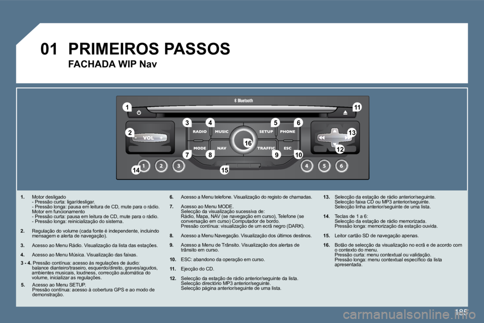 Peugeot 407 2010  Manual do proprietário (in Portuguese) 185
�0�1
�1�1
�5�5
�1�0�1�0
�2�2
�3�3�4�4�6�6
�1�3�1�3
�1�1�1�1
�9�9
�1�4�1�4�1�5�1�5
�7�7�8�8�1�2�1�2�1�6�1�6
� � � �1�.�   Motor desligado    - Pressão curta: ligar/desligar.    - Pressão longa: p