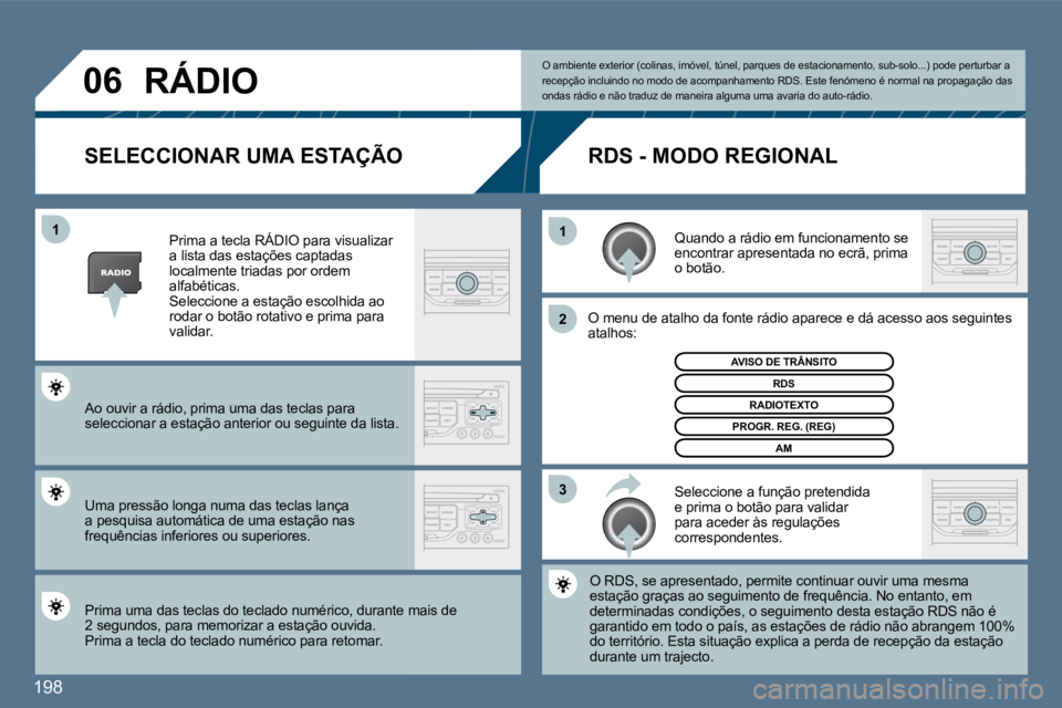 Peugeot 407 2010  Manual do proprietário (in Portuguese) 198
�3
�2
�1
�1
�0�6
�S�E�L�E�C�C�I�O�N�A�R� �U�M�A� �E�S�T�A�Ç�Ã�O� 
  Quando a rádio em funcionamento se encontrar apresentada no ecrã, prima o botão.  
  O menu de atalho da fonte rádio apare
