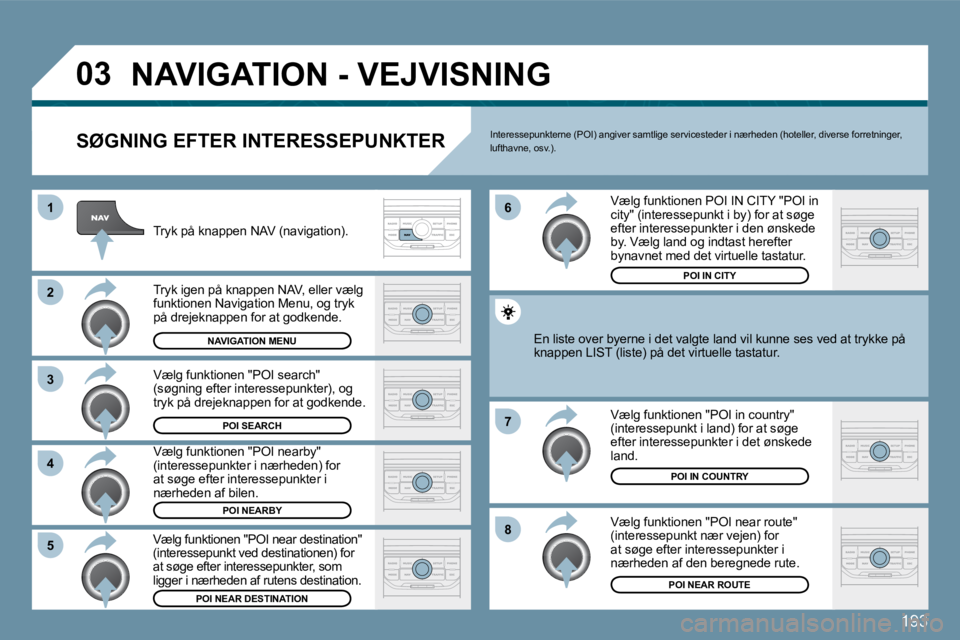 Peugeot 407 2009  Instruktionsbog (in Danish) 193
�0�3
�1
�2
�3
�4
�7
�8
�6
�5
 NAVIGATION - VEJVISNING 
  SØGNING EFTER INTERESSEPUNKTER 
 Tryk på knappen NAV (navigation). 
 Tryk igen på knappen NAV, eller vælg funktionen Navigation Menu, o
