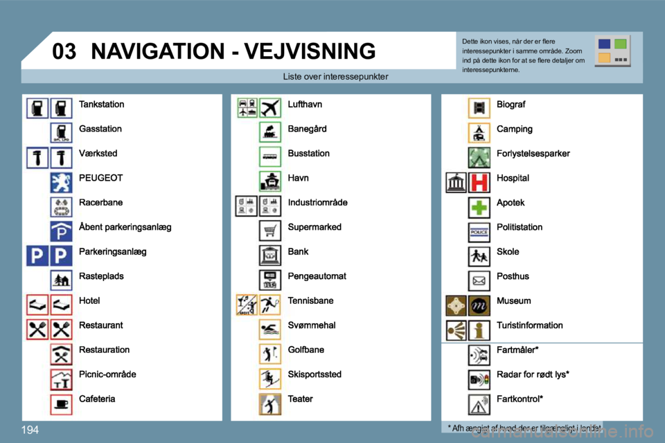 Peugeot 407 2009  Instruktionsbog (in Danish) 194
�0�3 NAVIGATION - VEJVISNING 
  Liste over interessepunkter ver interessepunkter 
  *   Afh ængigt af hvad der er tilgængligt i landet    *   Afh ængigt af hvad der er tilgængligt i landet  
�