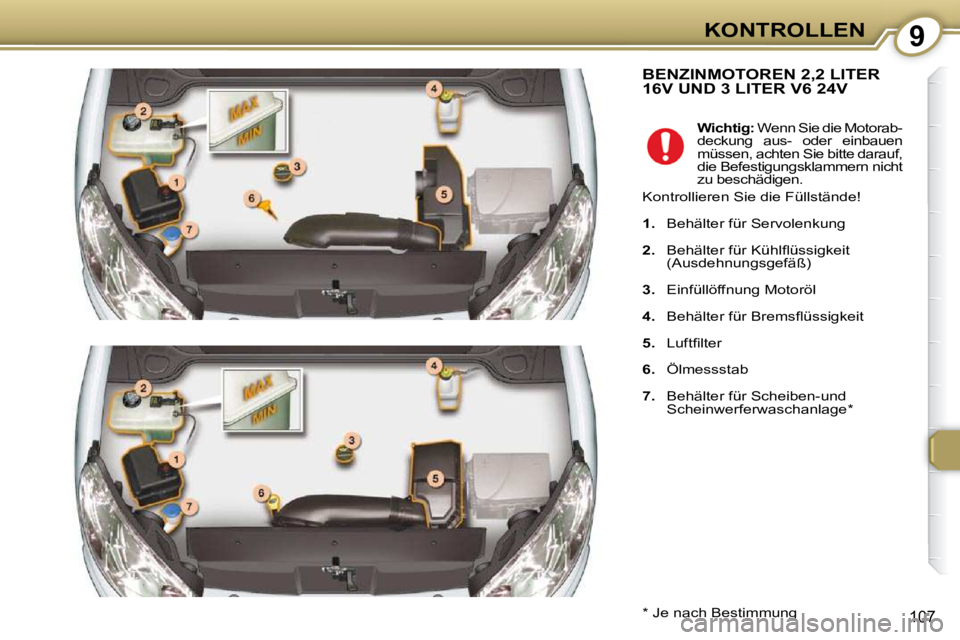 Peugeot 407 2009  Betriebsanleitung (in German) 9KONTROLLEN
107
 BENZINMOTOREN 2,2 LITER 16V UND 3 LITER V6 24V 
  *   Je nach Bestimmung     
Wichtig:   Wenn Sie die Motorab-
deckung  aus-  oder  einbauen  
müssen, achten Sie bitte darauf, 
die B