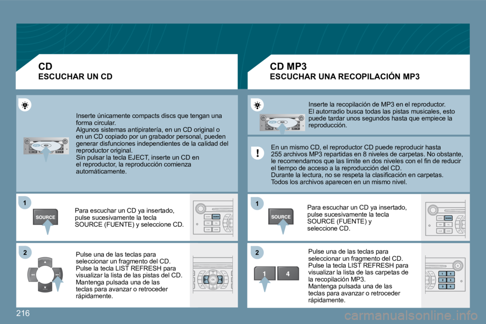 Peugeot 407 2009  Manual del propietario (in Spanish) �2�1�6
�1�1
�2�2
�1�1
�2�2
� �I�n�s�e�r�t�e� �ú�n�i�c�a�m�e�n�t�e� �c�o�m�p�a�c�t�s� �d�i�s�c�s� �q�u�e� �t�e�n�g�a�n� �u�n�a� �f�o�r�m�a� �c�i�r�c�u�l�a�r�.� � �A�l�g�u�n�o�s� �s�i�s�t�e�m�a�s� �a�n