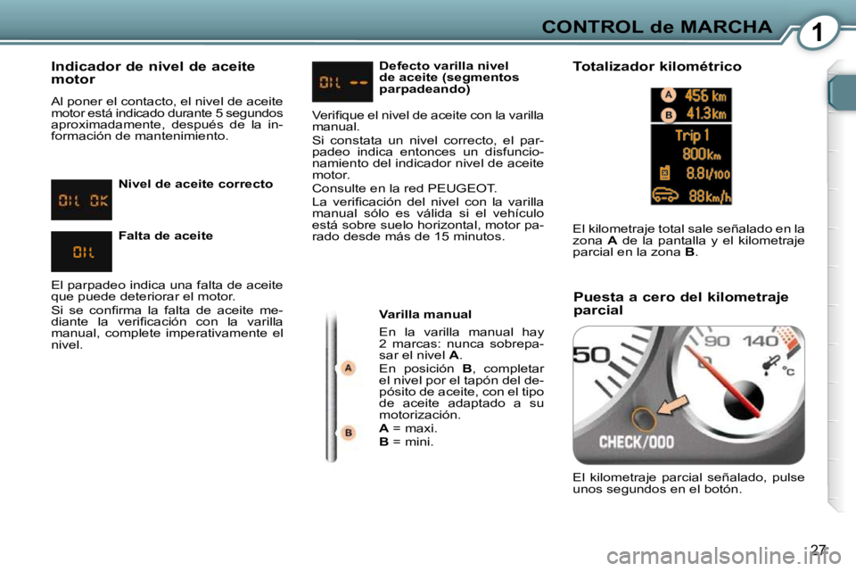 Peugeot 407 2009  Manual del propietario (in Spanish) 1CONTROL de MARCHA
27
  Indicador de nivel de aceite  
motor  
 Al poner el contacto, el nivel de aceite  
motor está indicado durante 5 segundos 
aproximadamente,  después  de  la  in-
formación d