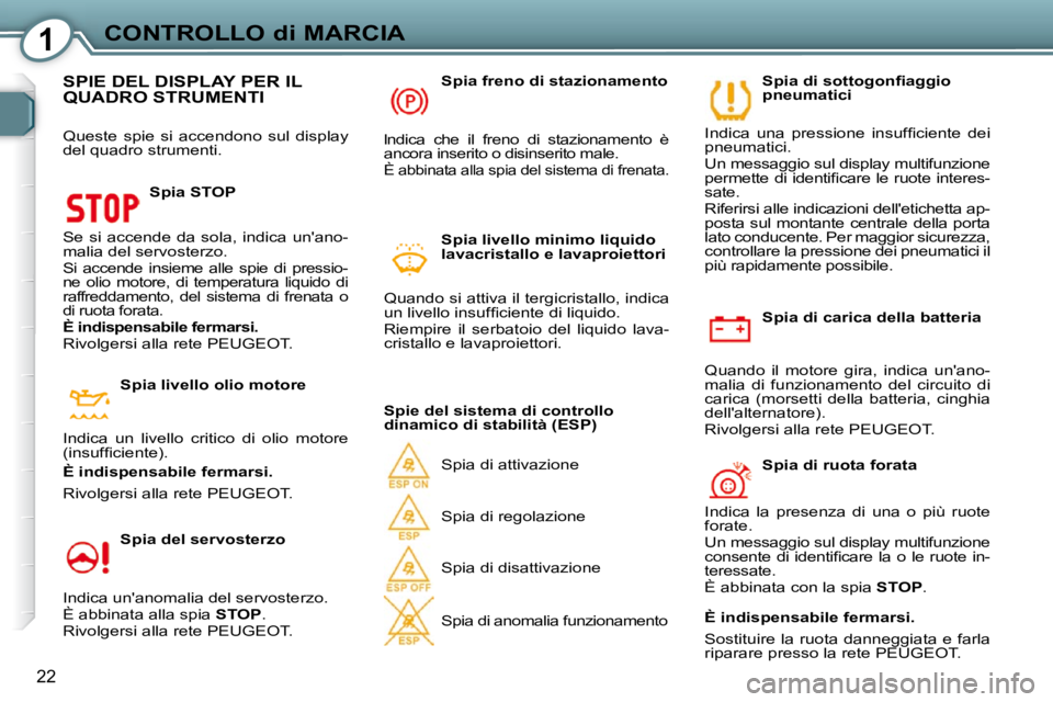 Peugeot 407 2009 Manuale del proprietario (in Italian) 1CONTROLLO di MARCIA
22
Spia di carica della batteria
Quando il motore gira, indica unano-
malia di funzionamento del circuito di
carica (morsetti della batteria, cinghia
dellal Peugeot 407 2009 Manuale del proprietario (in Italian) 1CONTROLLO di MARCIA
22
Spia di carica della batteria
Quando il motore gira, indica unano-
malia di funzionamento del circuito di
carica (morsetti della batteria, cinghia
dellal