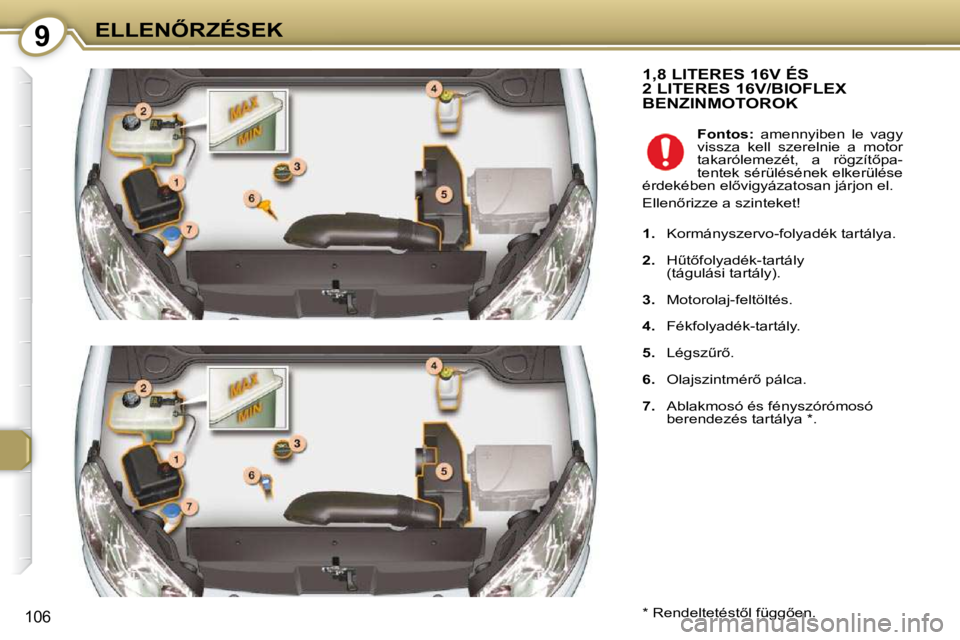 Peugeot 407 2009  Kezelési útmutató (in Hungarian) 9�E�L�L�E�N4�R�Z�É�S�E�K
106
� �1�,�8� �L�I�T�E�R�E�S� �1�6�V� �É�S� �2� �L�I�T�E�R�E�S� �1�6�V�/�B�I�O�F�L�E�X� �B�E�N�Z�I�N�M�O�T�O�R�O�K� 
� � �*� � � �R�e�n�d�e�l�t�e�t�é�s�t5�l� �f�ü�g�g5�