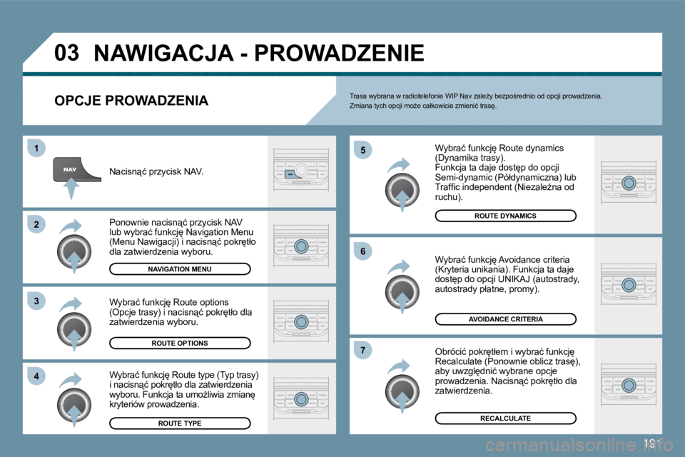Peugeot 407 2009  Instrukcja Obsługi (in Polish) 191
�0�3
�1
�2
�3
�4
�5
�6
�7
� �N�A�W�I�G�A�C�J�A� �-� �P�R�O�W�A�D�Z�E�N�I�E� 
  OPCJE PROWADZENIA 
� �W�y�b�r�a�ć� �f�u�n�k�c�j
� �R�o�u�t�e� �d�y�n�a�m�i�c�s� �(�D�y�n�a�m�i�k�a� �t�r�a�s�y�)�.�
