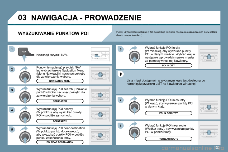 Peugeot 407 2009  Instrukcja Obsługi (in Polish) 193
�0�3
�1
�2
�3
�4
�7
�8
�6
�5
� �N�A�W�I�G�A�C�J�A� �-� �P�R�O�W�A�D�Z�E�N�I�E� 
� � �W�Y�S�Z�U�K�I�W�A�N�I�E� �P�U�N�K�T�Ó�W� �P�O�I� 
� �N�a�c�i�s�n"�ć� �p�r�z�y�c�i�s�k� �N�A�V�.� 
� �P�o