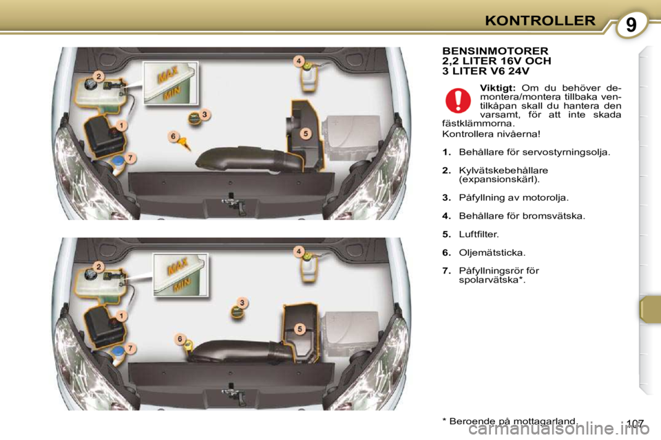 Peugeot 407 2009  Ägarmanual (in Swedish) 9KONTROLLER
107
 BENSINMOTORER 2,2 LITER 16V OCH 3 LITER V6 24V 
  *  Beroende på mottagarland.     
Viktigt:   Om  du  behöver  de-
montera/montera tillbaka ven- 
tilkåpan  skall  du  hantera  den