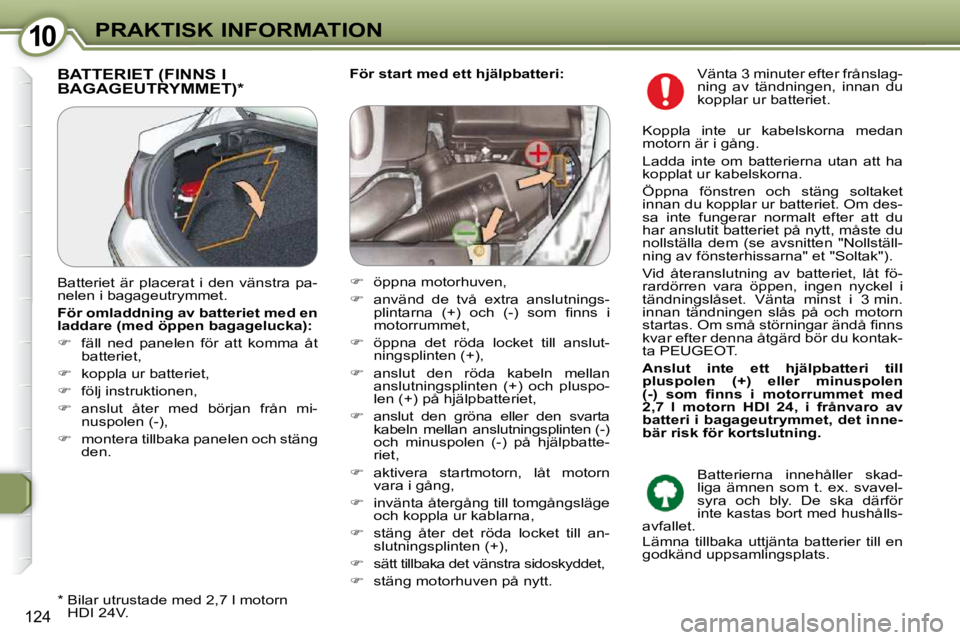 Peugeot 407 2009  Ägarmanual (in Swedish) 1010PRAKTISK INFORMATION
124
  
För start med ett hjälpbatteri:    BATTERIET (FINNS I BAGAGEUTRYMMET) *  
� � �*� � � � �B�i�l�a�r� �u�t�r�u�s�t�a�d�e� �m�e�d� �2�,�7� �l� �m�o�t�o�r�n� �H�D�I� �2�4