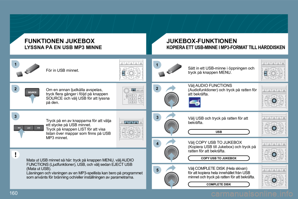 Peugeot 407 2009  Ägarmanual (in Swedish) 160
�2�2
11
�3�3
�4�4
�5�5
�2�2
�3�3
11
USB
 Välj USB och tryck på ratten för att bekräfta. 
�C�O�P�Y� �U�S�B� �T�O� �J�U�K�E�B�O�X
COMPLETE DISK
 Välj COPY USB TO JUKEBOX �(�K�o�p�i�e�r�a� �U�S�