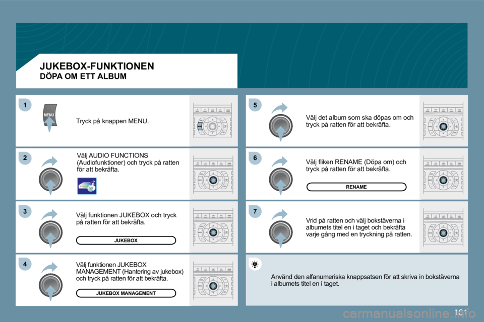 Peugeot 407 2009  Ägarmanual (in Swedish) 161
�6�6
�7�7
�5�5
�2
�3�3
�4�4
11
JUKEBOX
RENAME
JUKEBOX MANAGEMENT
 Tryck på knappen MENU. 
 Välj AUDIO FUNCTIONS �(�A�u�d�i�o�f�u�n�k�t�i�o�n�e�r�)� �o�c�h� �t�r�y�c�k� �p�å� �r�a�t�t�e�n� för 