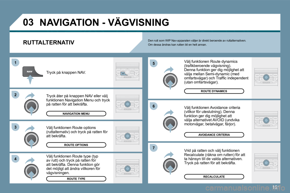Peugeot 407 2009  Ägarmanual (in Swedish) 191
�0�3
�1
�2
�3
�4
�5
�6
�7
� �N�A�V�I�G�A�T�I�O�N� �-� �V�Ä�G�V�I�S�N�I�N�G� 
� � �R�U�T�T�A�L�T�E�R�N�A�T�I�V� 
 Välj funktionen Route dynamics �(�t�r�a�ﬁ� �k�b�e�r�o�e�n�d�e� �v�ä�g�v�i�s�n�