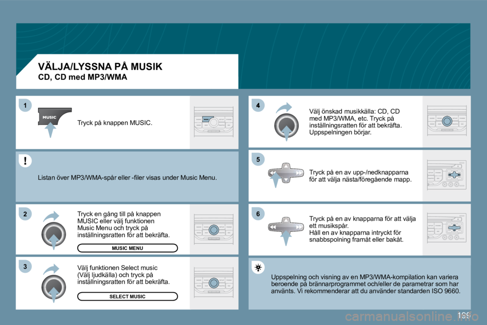 Peugeot 407 2009  Ägarmanual (in Swedish) 199
�1
�2
�3
�6
�5
� � � � � � � � � � �V�Ä�L�J�A�/�L�Y�S�S�N�A� �P�Å� �M�U�S�I�K� � 
�C�D�,� �C�D� �m�e�d� �M�P�3�/�W�M�A� 
 Uppspelning och visning av en MP3/WMA-kompilation klation kan variera be