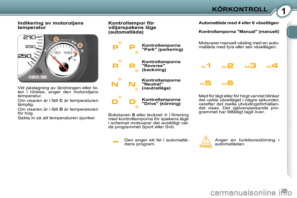 Peugeot 407 2009  Ägarmanual (in Swedish) 1KÖRKONTROLL
25
 Den  anger  ett  fel  i  automatlå- 
dans program. 
 Kontrollampor för  
väljarspakens läge 
(automatlåda) 
 Anger  en  funktionsstörning  i  
automatlådan.   
  
Automatlåda