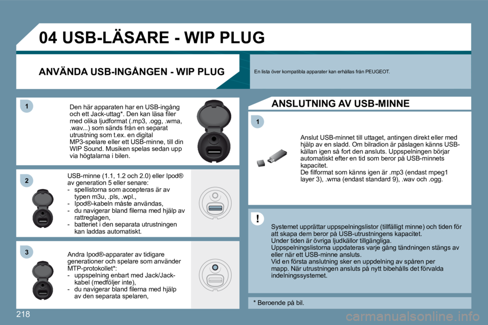 Peugeot 407 2009  Ägarmanual (in Swedish) 218
�1�1
�0�4
�1�1
�2�2
�3�3
� � � � � � � � � �U�S�B�-�L�Ä�S�A�R�E� �-� �W�I�P� �P�L�U�G� 
  Systemet upprättar uppspelningslistor (tillfälligt minne) och tiden för att skapa dem beror på USB-ut