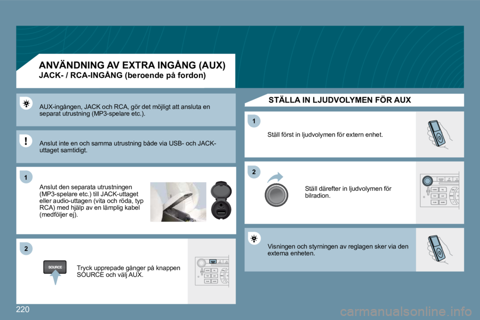 Peugeot 407 2009  Ägarmanual (in Swedish) 220
�1�1
�2�2
�2�2
�1�1
 Visningen och styrningen av reglagen sker via den externa enheten. 
 Ställ först in ljudvolymen för extern enhet. 
 Ställ därefter in ljudvolymen för bilradion. 
 AUX-in