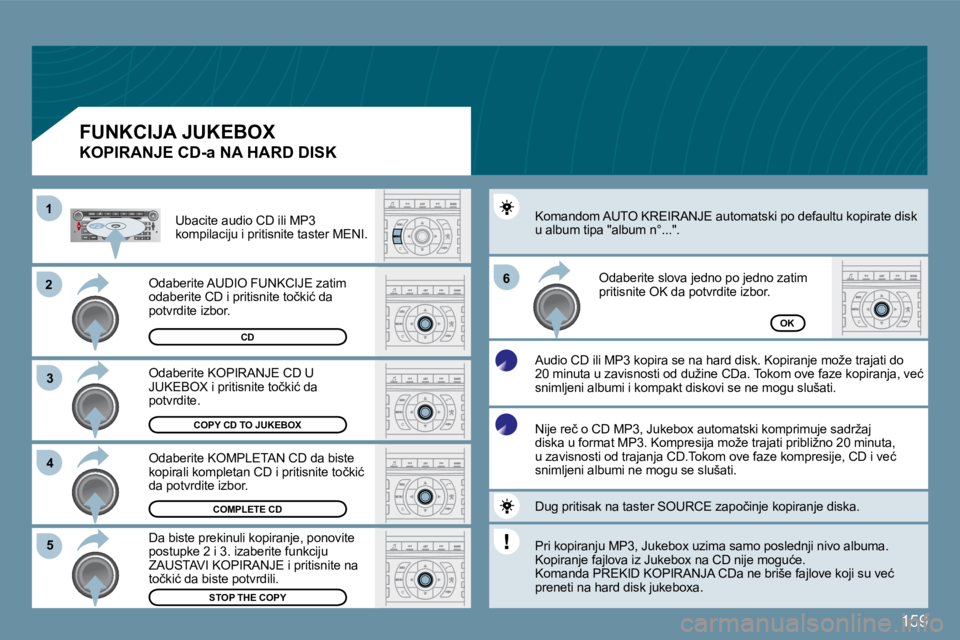 Peugeot 407 2009  Упутство за употребу (in Serbian) 159
�2�2
�3�3
11
�5�5
�6�6
�4�4
COPY CD TO JUKEBOX
COMPLETE CD
STOP THE COPY
OK
� �O�d�a�b�e�r�i�t�e� �K�O�P�I�R�A�N�J�E� �C�D� �U� �J�U�K�E�B�O�X� �i� �p�r�i�t�i�s�n�i�t�e� �t�o�č�k�i�ć� �d�a� �p�o