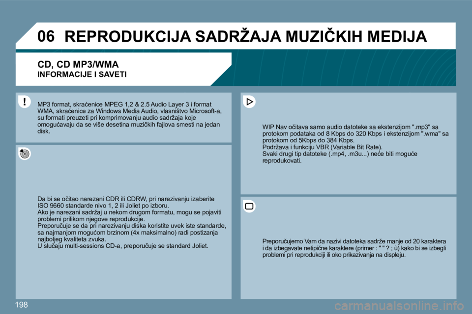 Peugeot 407 2009  Упутство за употребу (in Serbian) 198
�0�6� � � � � �R�E�P�R�O�D�U�K�C�I�J�A� �S�A�D�R�Ž�A�J�A� �M�U�Z�I�Č�K�I�H� �M�E�D�I�J�A� 
� � �C�D�,� �C�D� �M�P�3�/�W�M�A� � 
�I�N�F�O�R�M�A�C�I�J�E� �I� �S�A�V�E�T�I� 
� �D�a� �b�i� �s�e� �o�