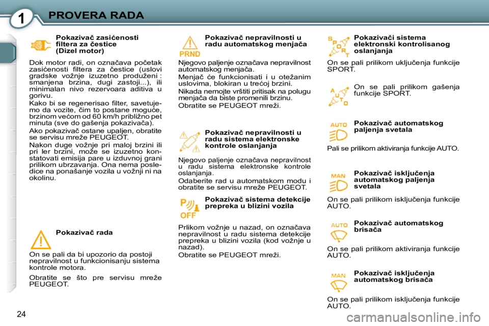 Peugeot 407 2009  Упутство за употребу (in Serbian) 1PROVERA RADA
24
� � �P�o�k�a�z�i�v�a�č� �z�a�s�i�ć�e�n�o�s�t�i�  
�ﬁ� �l�t�e�r�a� �z�a� �č�e�s�t�i�c�e� 
�(�D�i�z�e�l� �m�o�t�o�r�)� 
� �D�o�k�  �m�o�t�o�r�  �r�a�d�i�,�  �o�n�  �o�z�n�a�č�a�v�