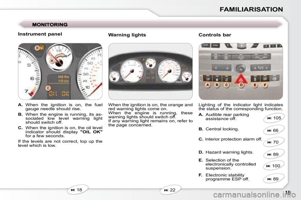 Peugeot 407 2008  Owners Manual FAMILIARISATION
  Instrument panel  
   
A.    When  the  ignition  is  on,  the  fuel 
gauge needle should rise. 
  
B.    When  the  engine  is  running,  its  as-
�s�o�c�i�a�t�e�d�  �l�o�w�  �l�e�v