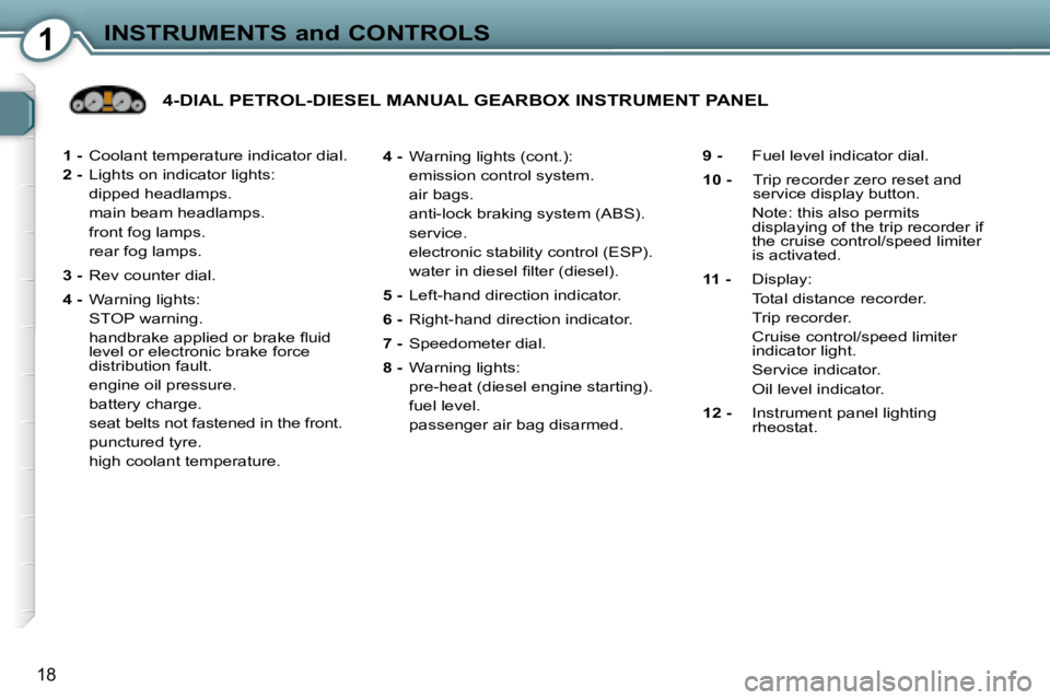 Peugeot 407 2008  Owners Manual 1INSTRUMENTS and CONTROLS
18
  
1 - � �  �C�o�o�l�a�n�t� �t�e�m�p�e�r�a�t�u�r�e� �i�n�d�i�c�a�t�o�r� �d�i�a�l�.� 
  
2 - � �  �L�i�g�h�t�s� �o�n� �i�n�d�i�c�a�t�o�r� �l�i�g�h�t�s�:� 
� �  �d�i�p�p�e�d