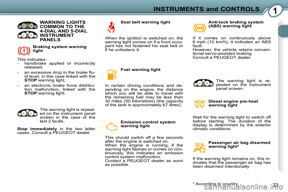 Peugeot 407 2008  Owners Manual 1INSTRUMENTS and CONTROLS
�2�3
  Braking system warning  
light 
 WARNING LIGHTS COMMON TO THE 4-DIAL AND 5-DIAL INSTRUMENT PANELS  
� �T�h�i�s� �i�n�d�i�c�a�t�e�s�:�  
� � � �-� �  �h�a�n�d�b�r�a�k�e