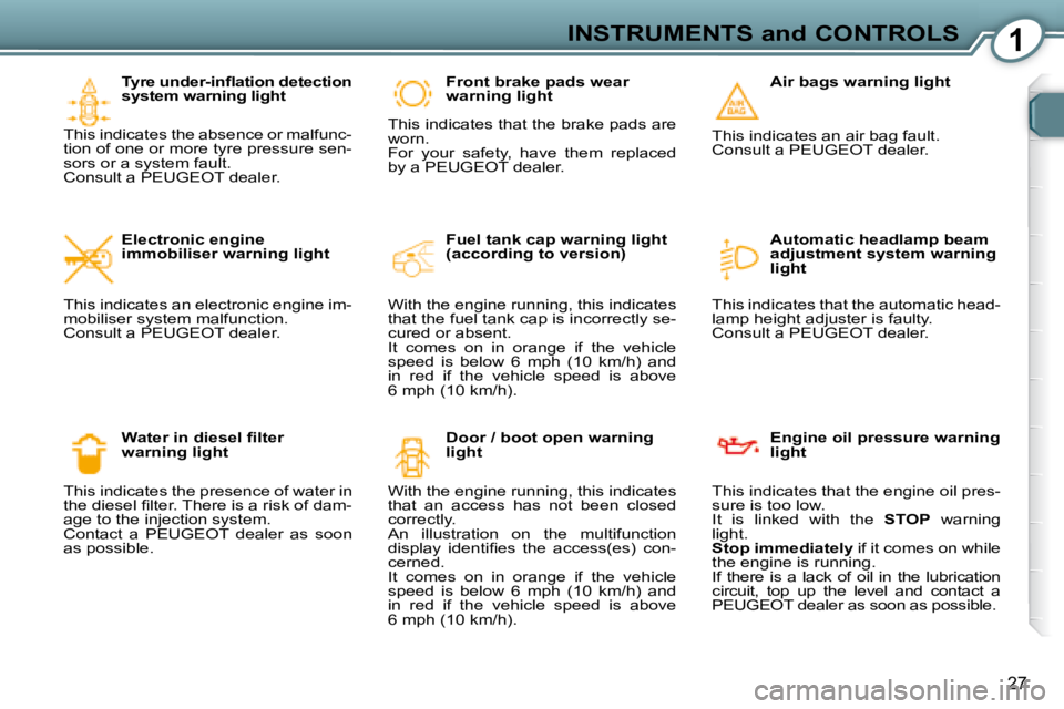 Peugeot 407 2008  Owners Manual 1INSTRUMENTS and CONTROLS
27
� � �T�y�r�e� �u�n�d�e�r�-�i�n�ﬂ� �a�t�i�o�n� �d�e�t�e�c�t�i�o�n�  
system warning light 
 This indicates the absence or malfunc-
�t�i�o�n� �o�f� �o�n�e� �o�r� �m�o�r�e�
