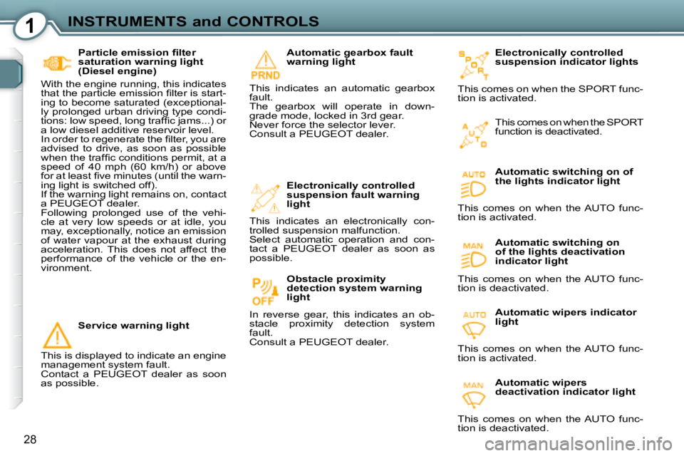 Peugeot 407 2008  Owners Manual 1INSTRUMENTS and CONTROLS
28
  Electronically controlled  
suspension indicator lights 
� �T�h�i�s� �c�o�m�e�s� �o�n� �w�h�e�n� �t�h�e� �S�P�O�R�T� �f�u�n�c�-
�t�i�o�n� �i�s� �a�c�t�i�v�a�t�e�d�.� 
  
